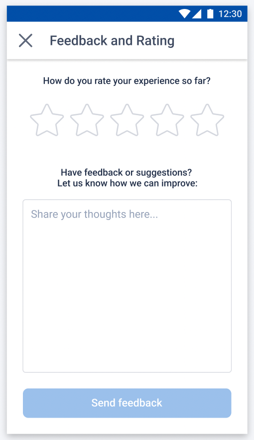 The Feedback and Rating screen on the mobile app.