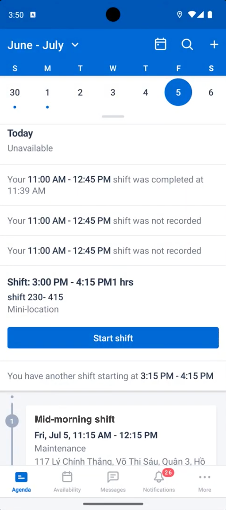 The Skedulo mobile agenda showing shifts.