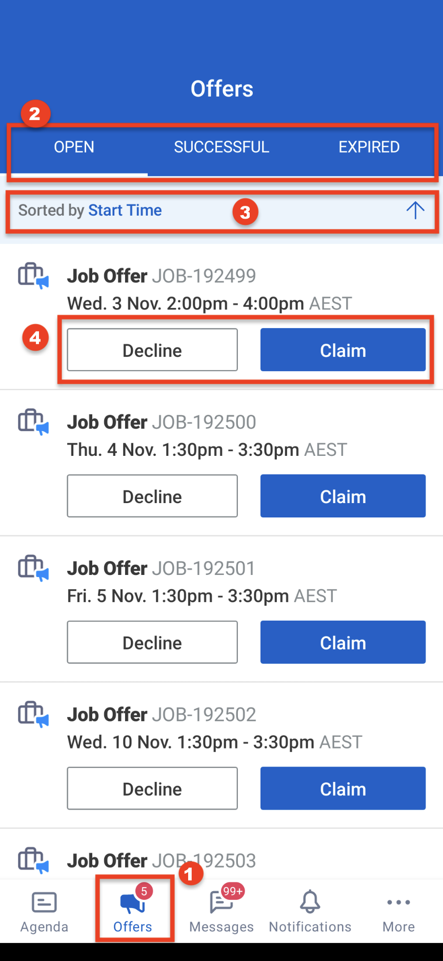 The job offers screen, showing the Offers button on the navigation menu, the Open tab with job offers, the sorting menu, and the Open, Successful, and Expired tabs.