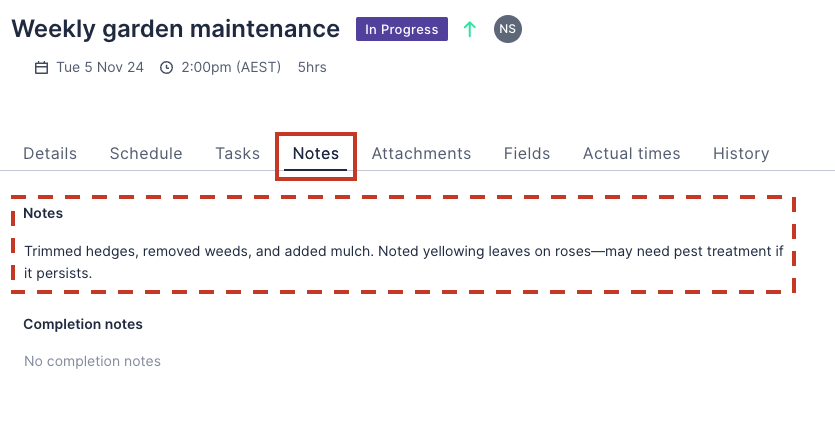 ​A synchronized note displayed on the job page in the web app.