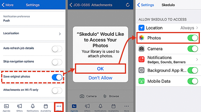 Skedulo settings to save photos to the photo library of an iOS mobile device.