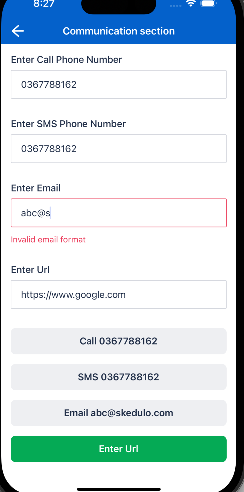 A mobile phone showing the Skedulo mobile app email address field validation.