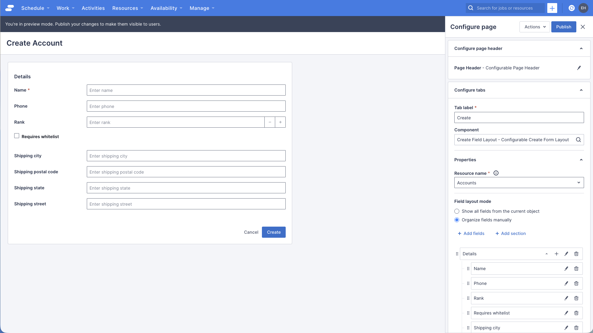 A preview of the account create page with billing address and fax fields removed.
