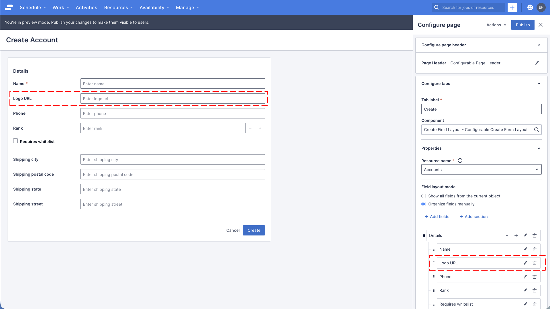 The account create page with billing address and fax fields removed.