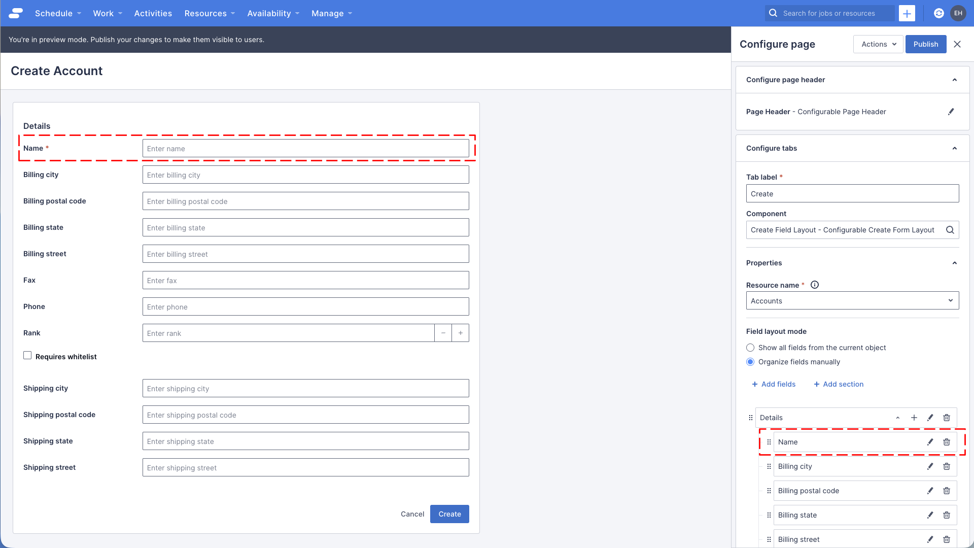 A preview of the account create page with a the Name field displayed as the first field on the page.