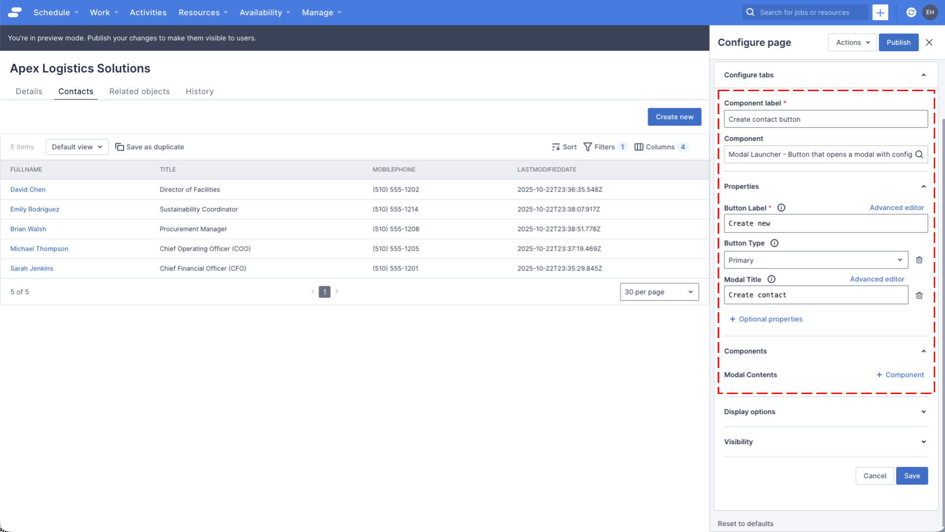 A preview of the account detail page with a “Contacts” tab showing a “Create new” button. The page builder shows properties of the Modal Launcher component.