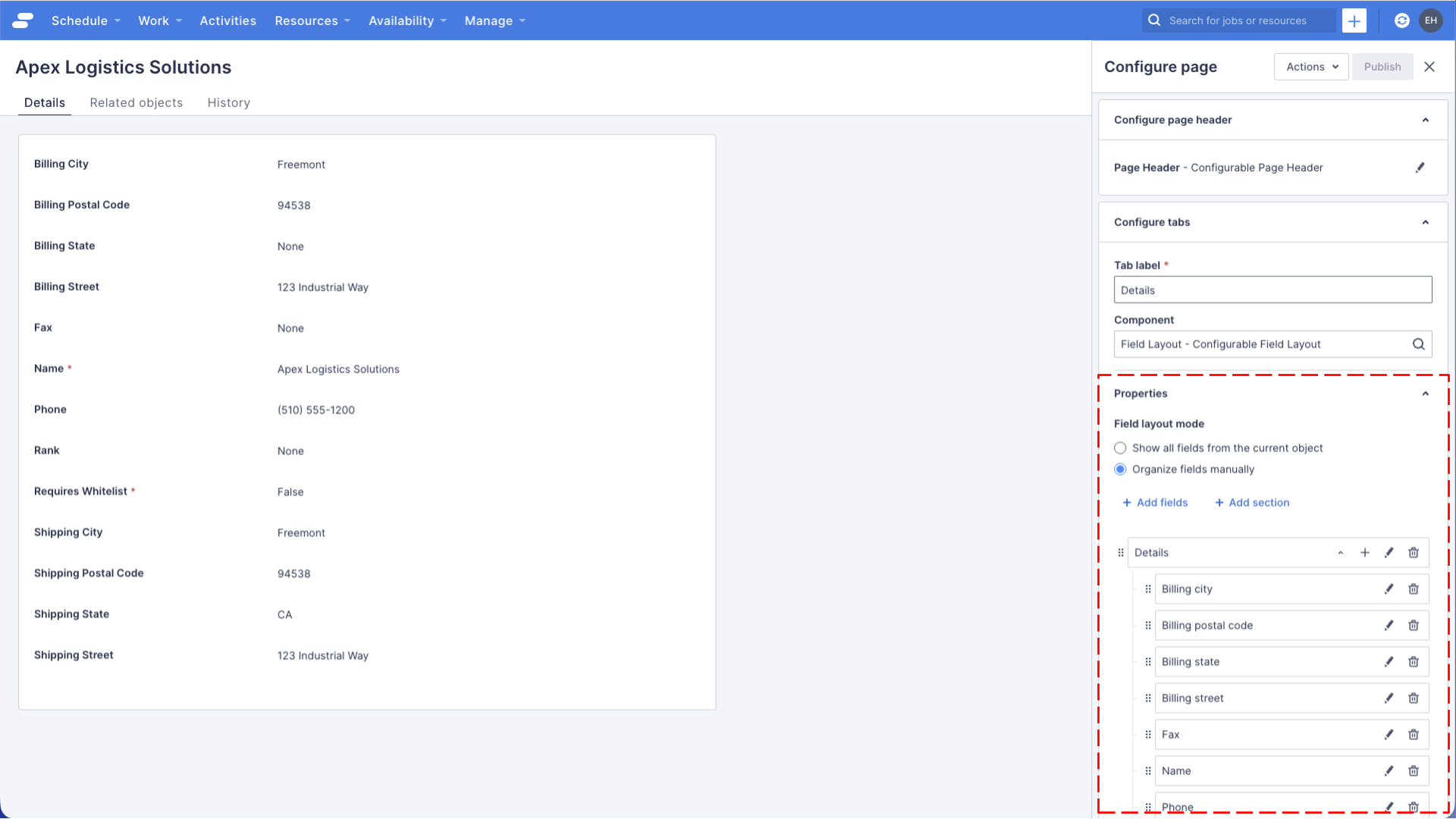 A preview of the account detail page, with the sections/fields available to be edited highlighted