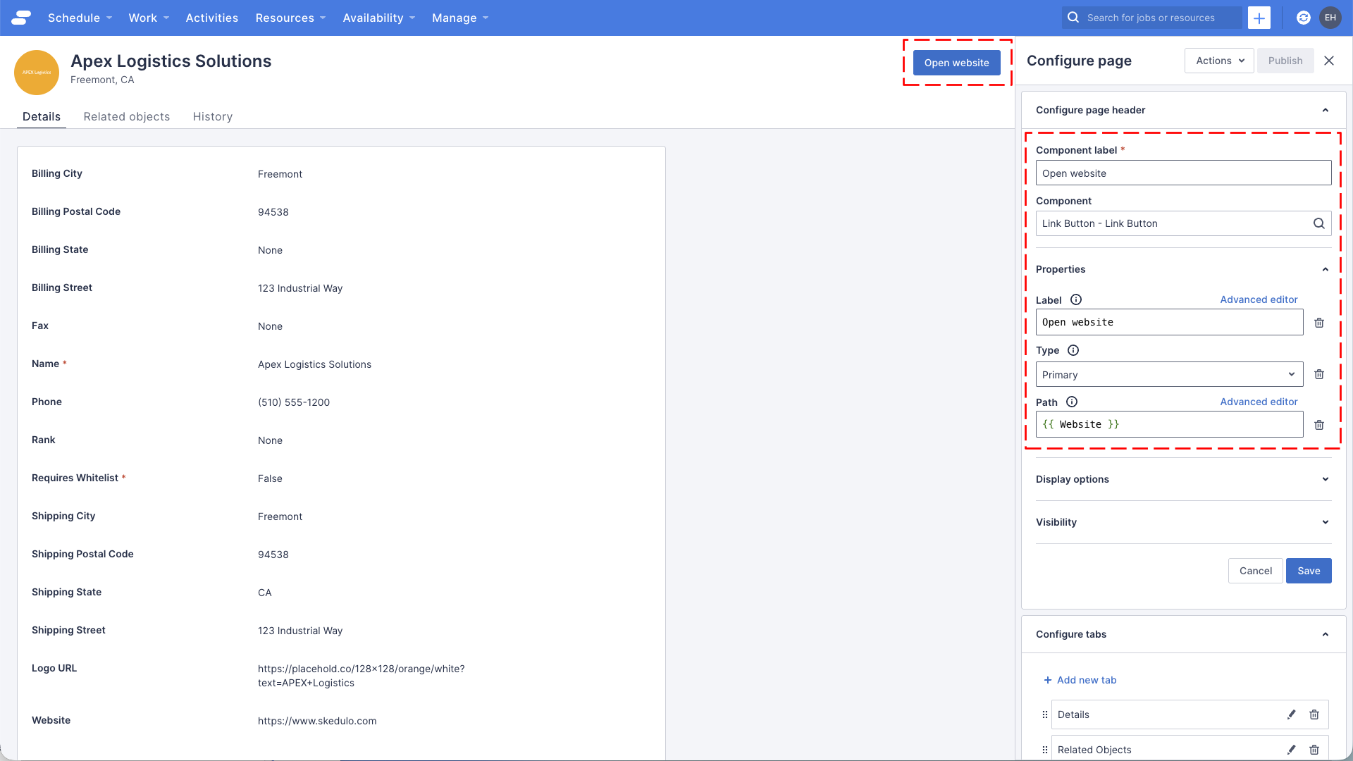 The account detail page with an “Open website” button nested in the page header.