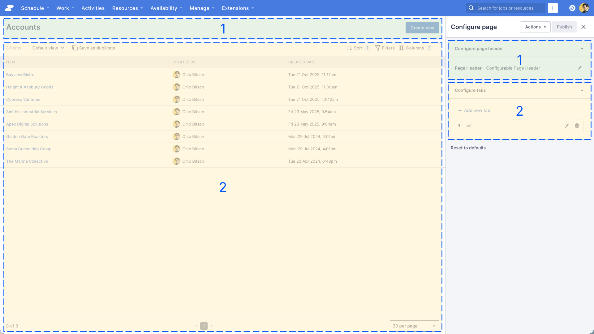 An image of a list page in page builder, with the page header and tabs components highlight, as well as the respective sections in the properties panel.