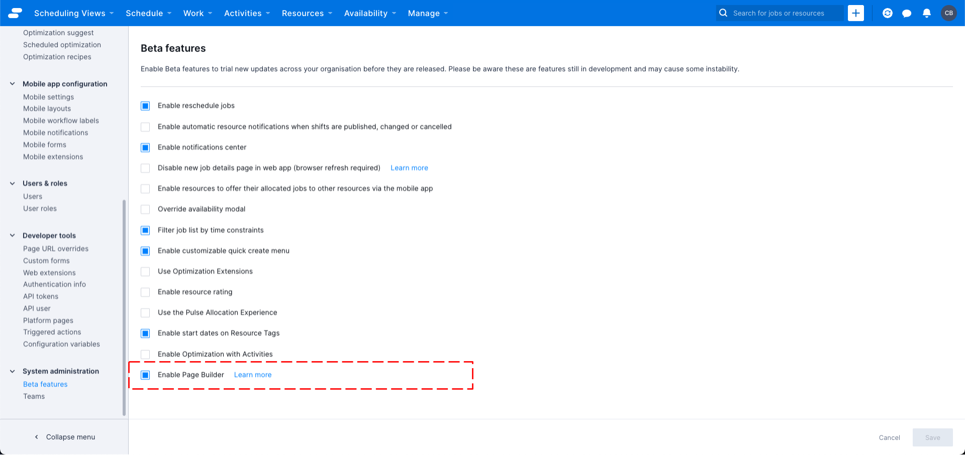 The Settings > Beta features page highlighting the &lsquo;Enable page builder&rsquo; checkbox