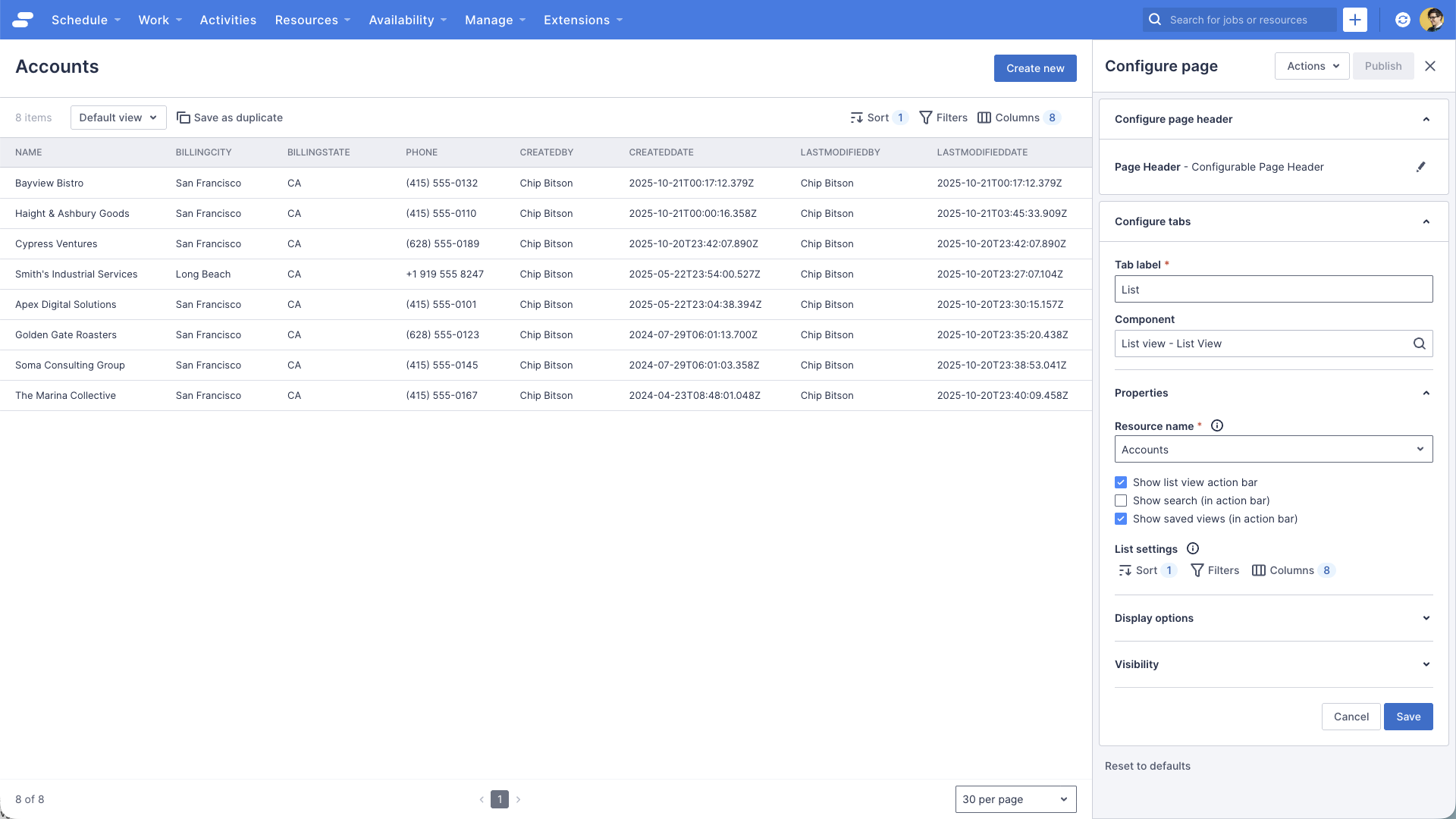 Properties of the List View component within the default Accounts list page.