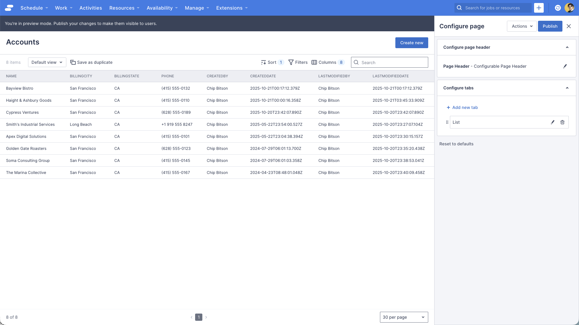 A preview of the accounts list page with the search box included on the list, note the banner informing you the page is in preview mode, and must be published before other users will see this change.