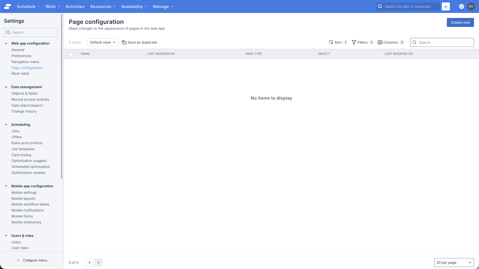 Page configurations in the web app settings, when no pages have been customized.