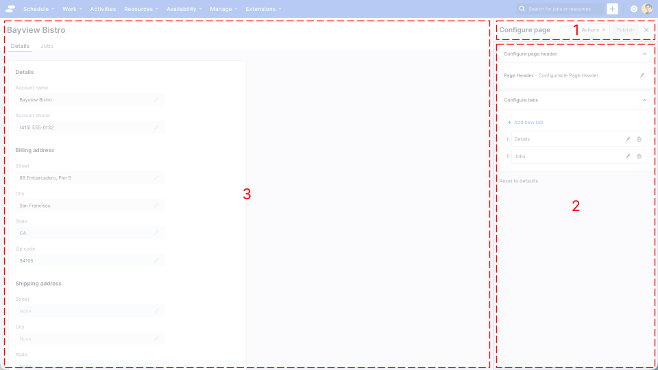 The primary elements of the page builder UI explained, the header, the properties panel, and the page preview.
