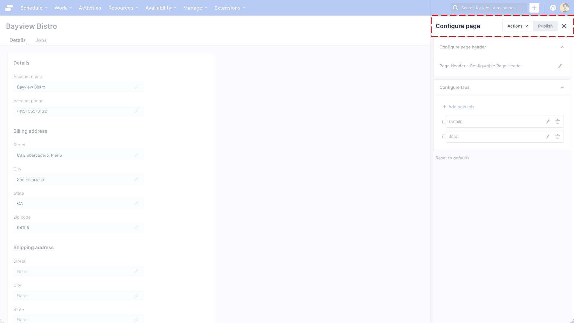 Page builder UI with the header highlighted