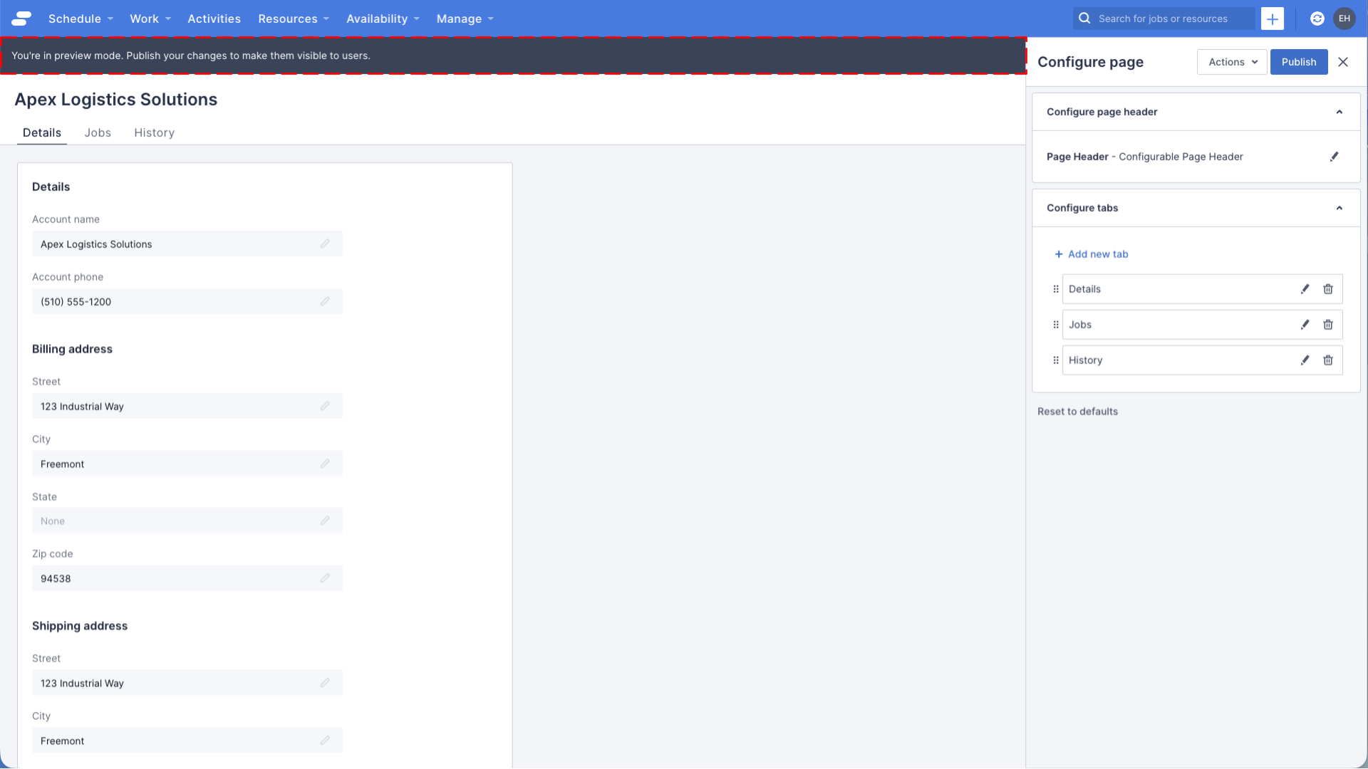 Page builder UI with the header highlighted