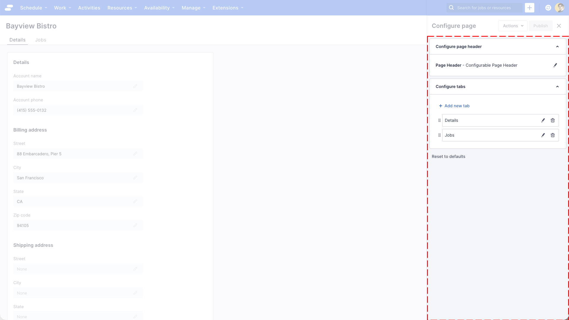 Page builder UI with the properties panel highlighted