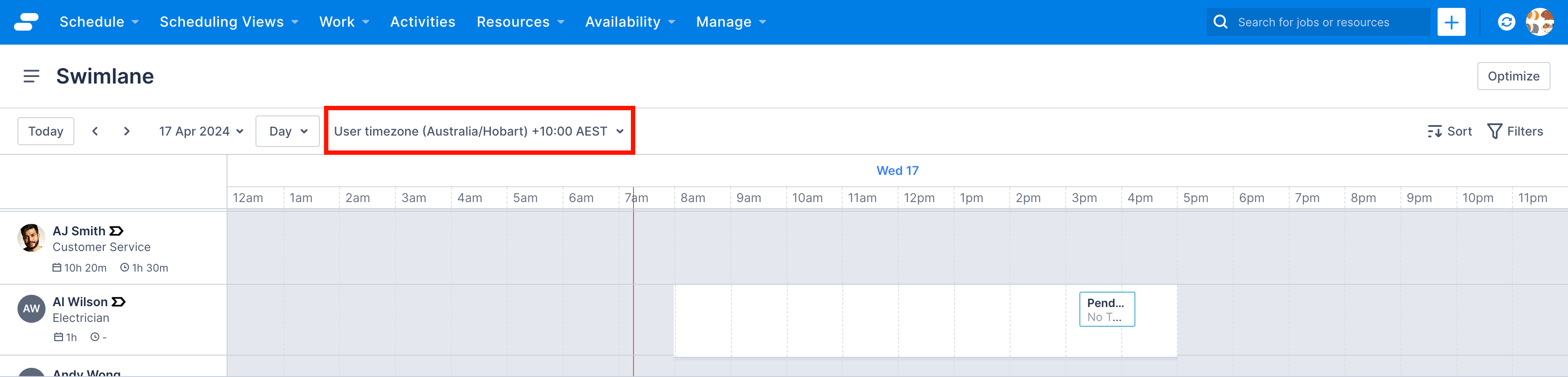 Swimlane timezone selector