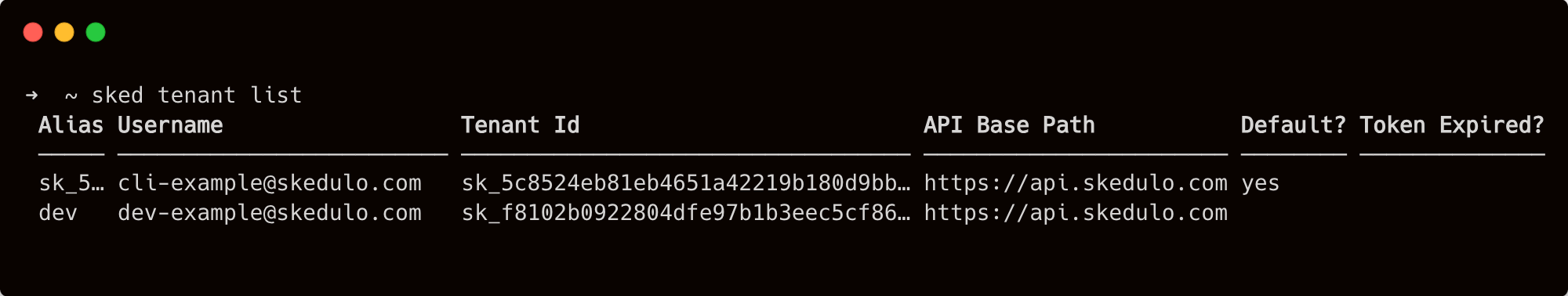 tenant list with the Skedulo CLI