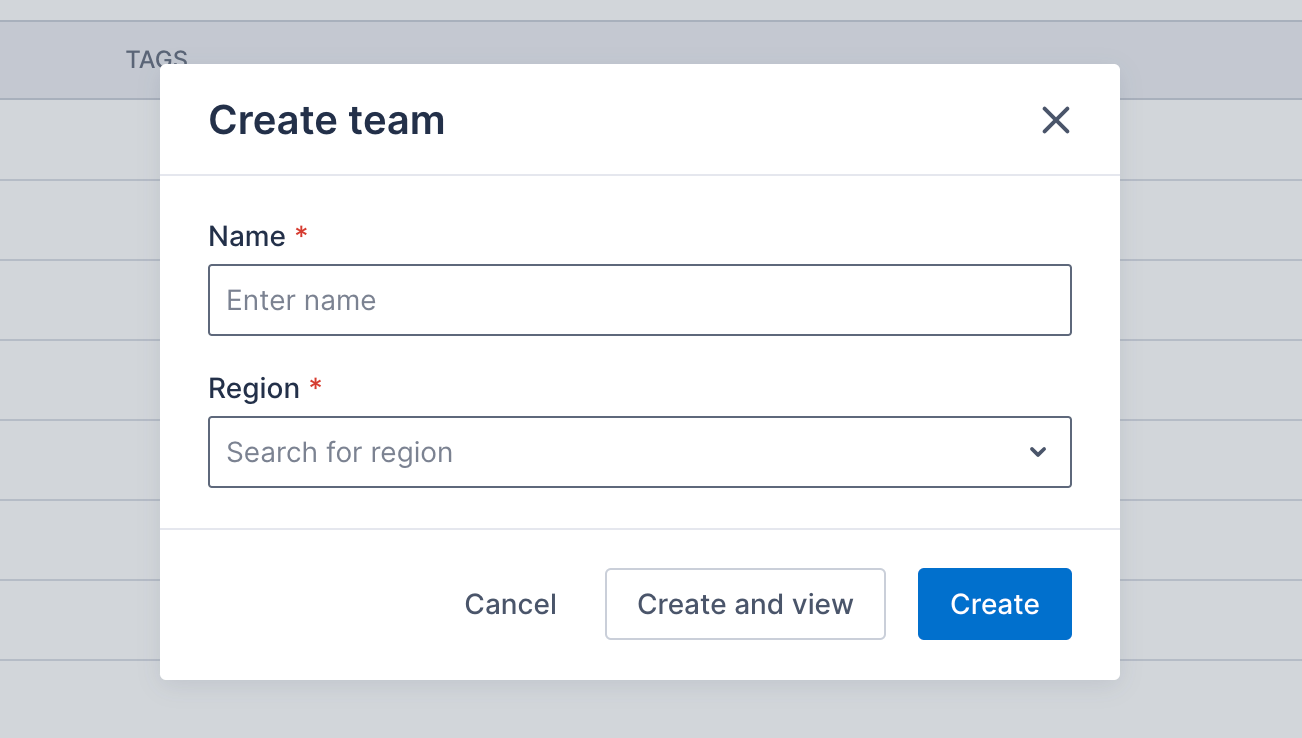 The Create team button on the team list page