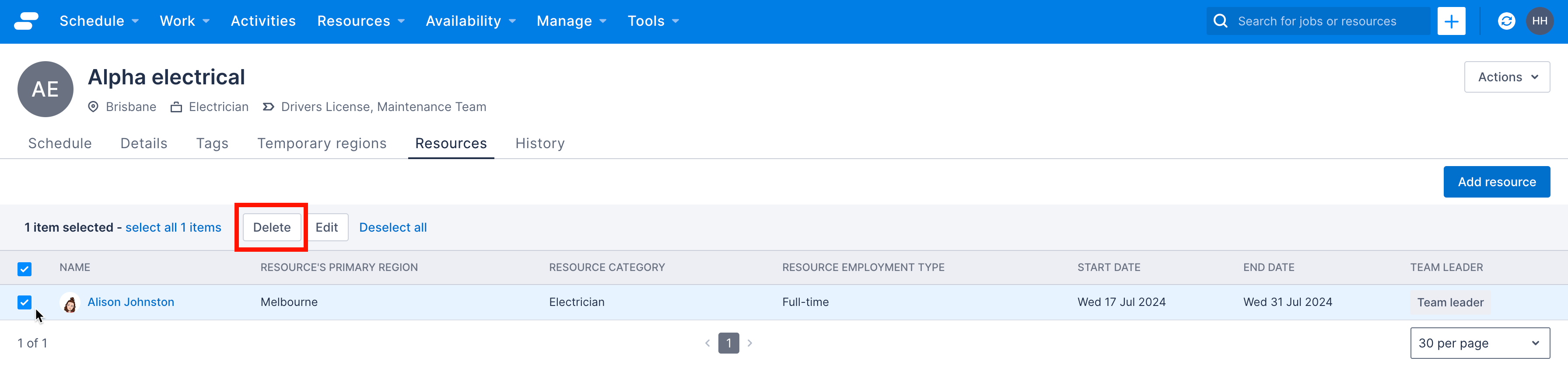 The resource list with a resource selected and the delete button selected