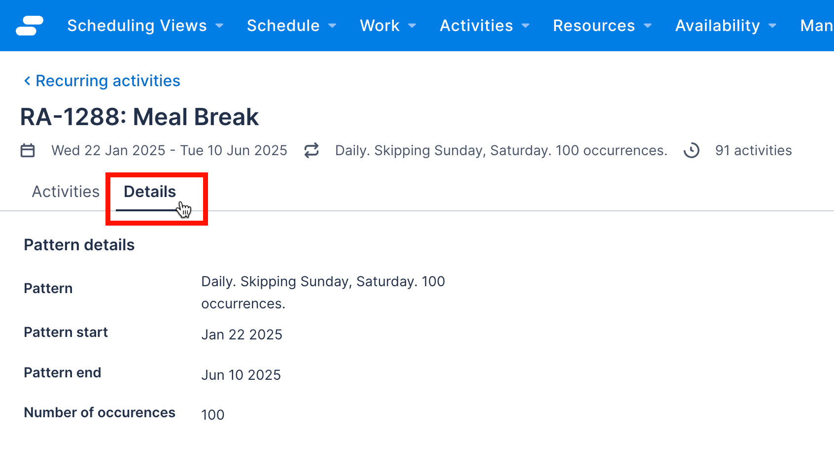 Details tab on recurring activity details page